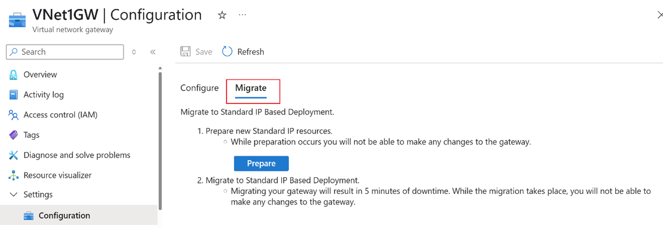 Screenshot of the migrate tab for migrating a virtual network gateway.