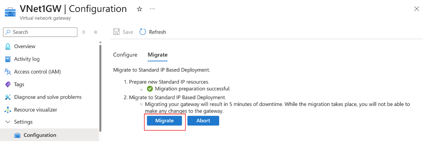 Screenshot of the migrate step for migrating a virtual network gateway.