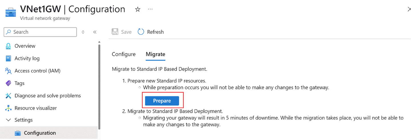 Screenshot of the prepare step for migrating a virtual network gateway.