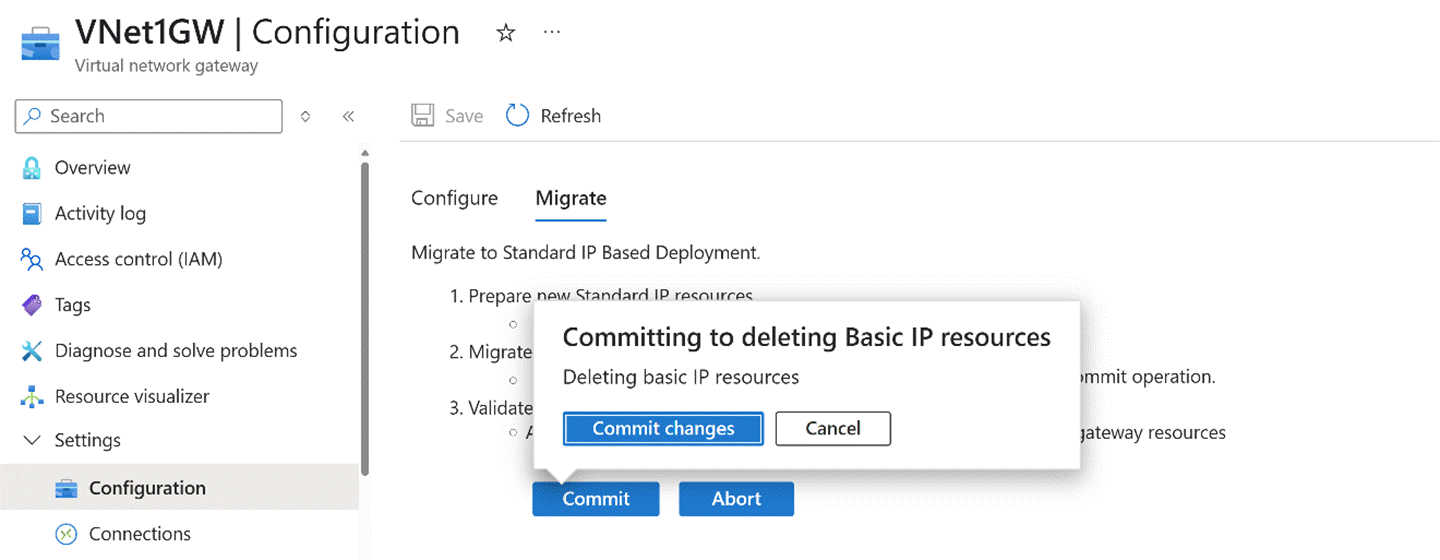 Screenshot of the commit changes step for migrating a virtual network gateway.